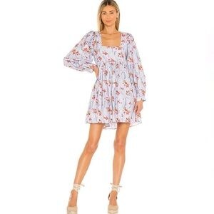 LoveShackFancy  Eaton Blue Dress Blouson Sleeves Revolve Mini Pink Flowers S/4